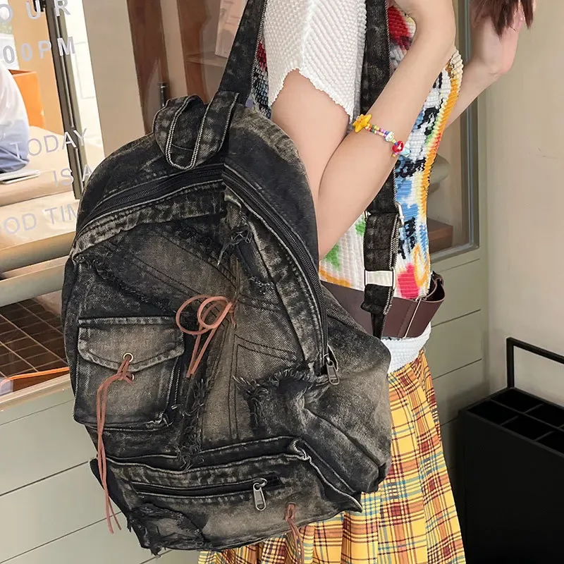 Sac à dos en jean délavé grande capacité pour femme, style Y2K, tendance, sac de voyage, sac à dos décontracté pour filles, sac de navetteur