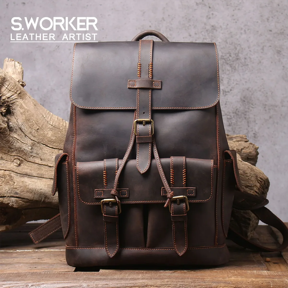 S.WORKER – sac à dos Vintage en cuir véritable pour hommes, sac d'école Vintage Crazy Horse, grand sac à bandoulière en cuir de vache pour ordinateur portable