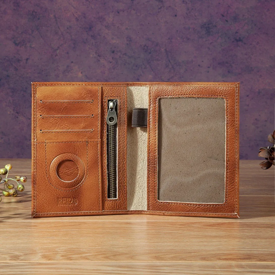 porte-passeport vintage en cuir véritable, portefeuille de voyage anti-rfid avec emplacement pour airtag et poche zippée, étui de passeport pour homme