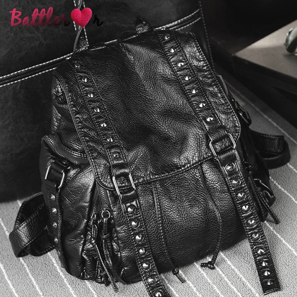 2022 new rivet designer backpacks women genuine sheep leather backpacks punk lady girl big travel bags gothic student school bag