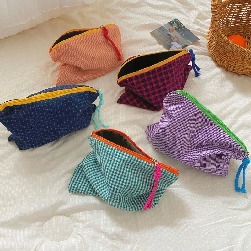 Sac de maquillage à carreaux pour femmes et filles, sac à cosmétiques en coton et lin avec pochette à fermeture éclair, sac de rangement Simple et Portable de grande capacité à la mode