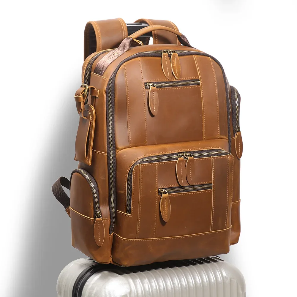 Sac à dos vintage en cuir Crazy Horse pour hommes, sac de voyage pour ordinateur portable de grande capacité, conception multifonction avec sangle de bagage