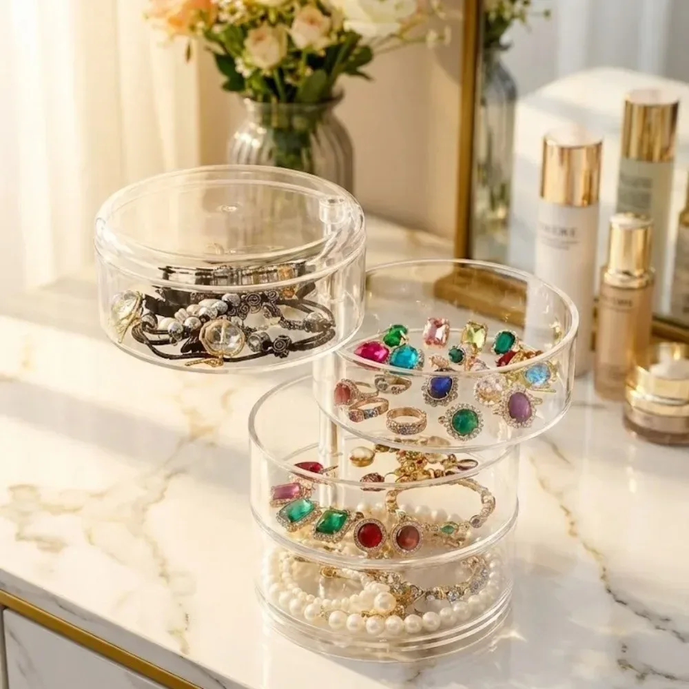 organisateur de bijoux rotatif à 360°, boîte de rangement en plastique transparent, compacte, multi-couches, porte-boucles d'oreilles et bagues, anti-poussière, présentoir de bureau