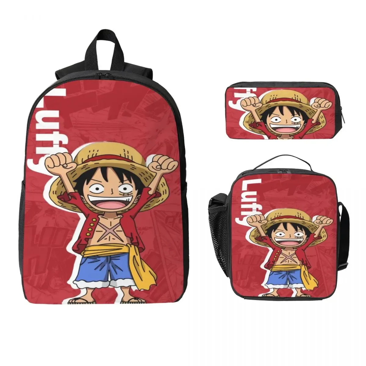 ensemble de 3 sacs à dos luffy one piece pour enfants, avec trousse à crayons, sac à livres et boîte à lunch pour les élèves.