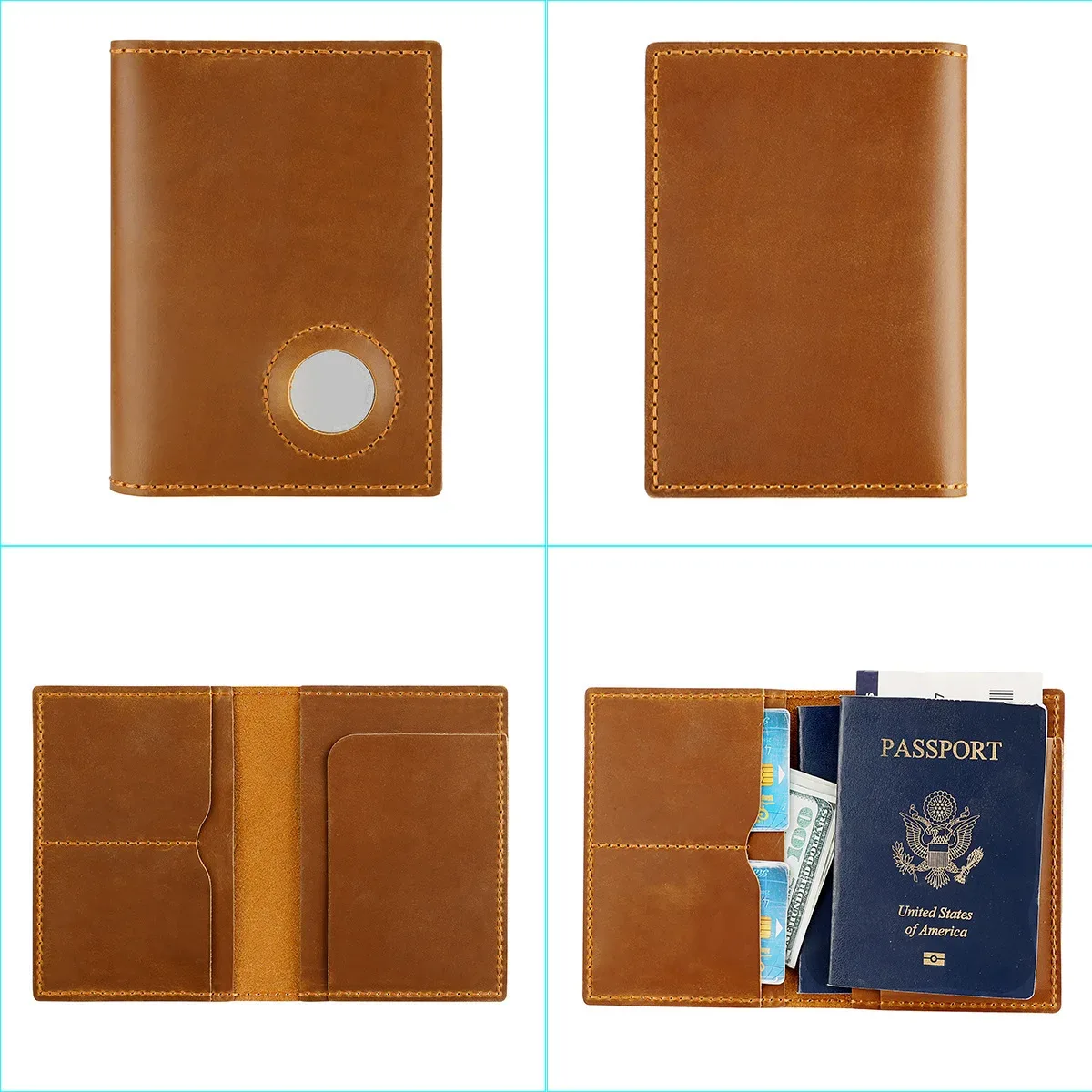 crazy horse – portefeuilles de suivi en cuir, porte-passeport, couverture de passeport pliable en cuir véritable avec fente airtag, indispensable pour le voyage