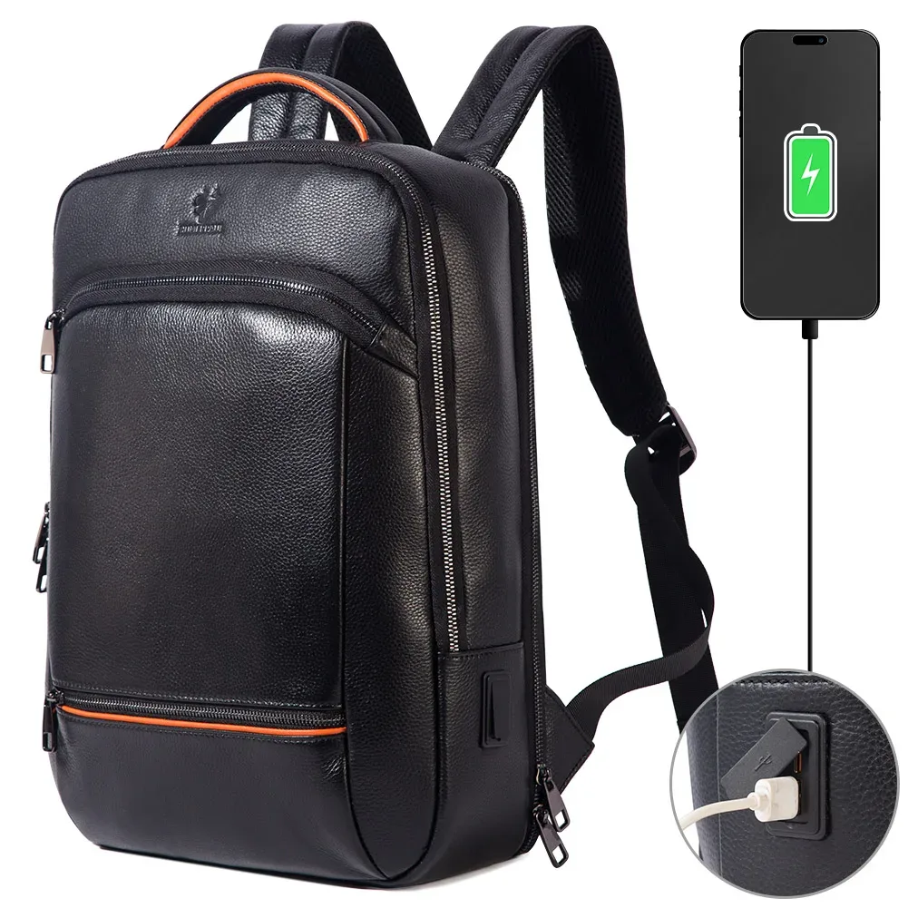 HUMERPAUL-Sac à dos durable pour ordinateur portable, en cuir véritable, avec port de chargement USB, pour voyage, multifonctionnel