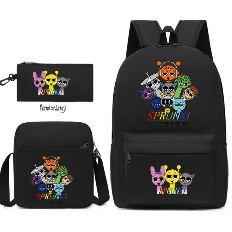 Ensemble de 3 sacs à dos Sprunki à imprimé anime, avec sac fourre-tout et pochette, grande capacité, léger et respirant, sac à dos décontracté tendance