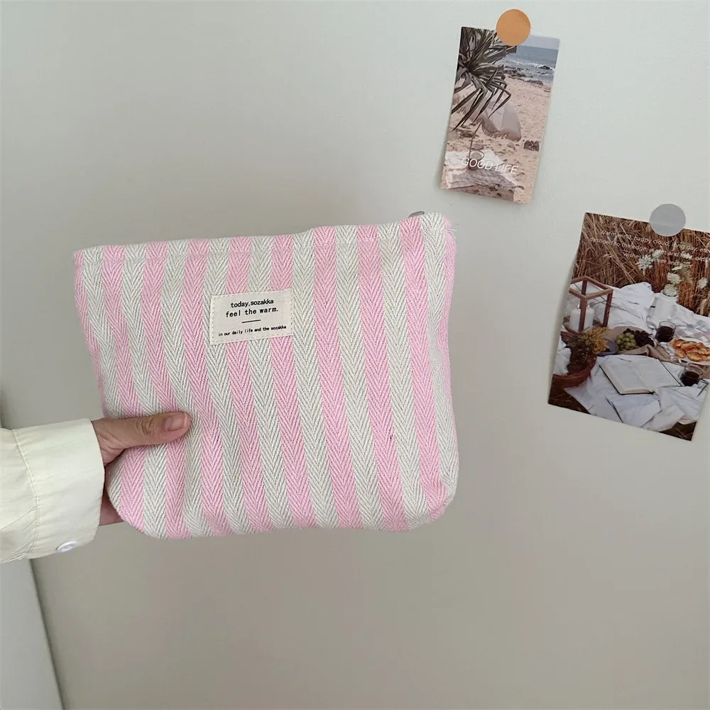sac à cosmétiques à rayures, organisateur de voyage en toile portable pour dames, petit étui de maquillage de rangement