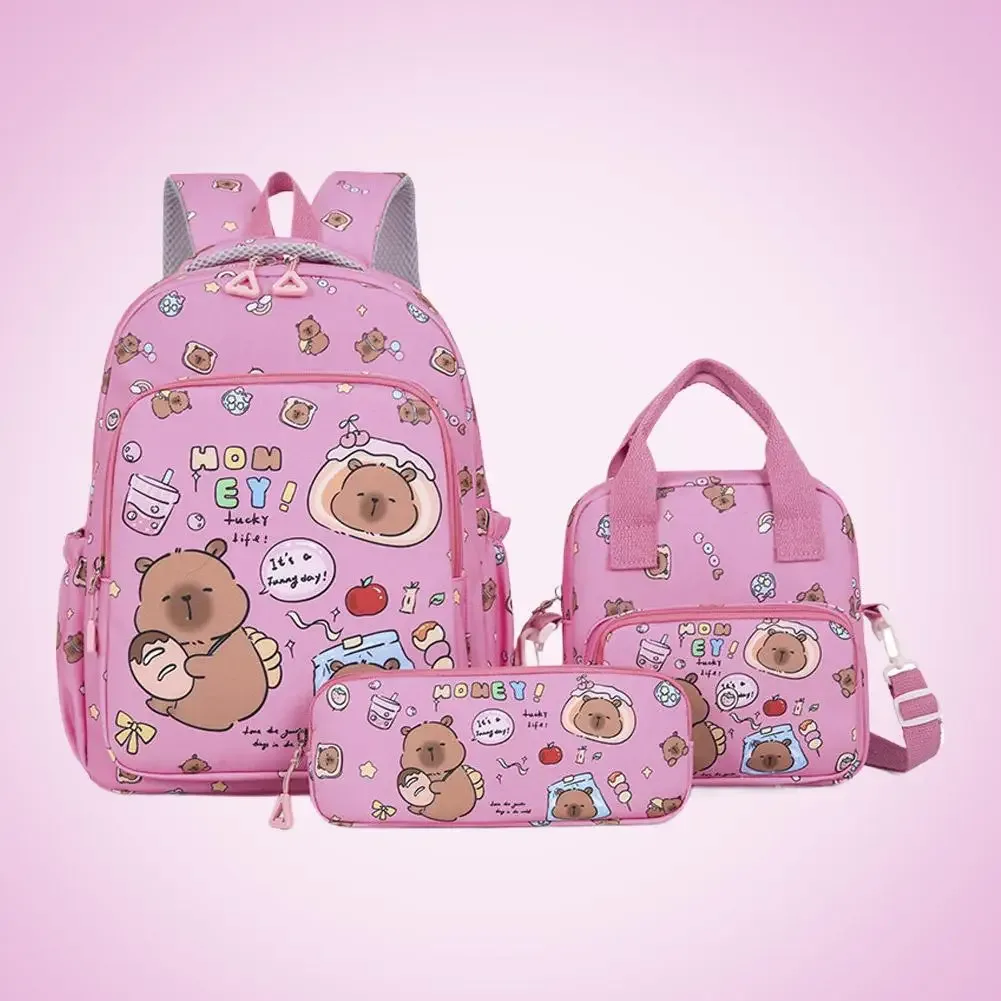 3 pièces/ensemble kawaii capybara sac à dos grande capacité dessin animé adolescent mode nylon léger sac à dos ensemble