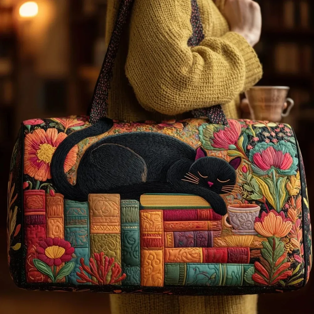 sac fourre-tout matelassé 3d mignon avec motif chat, citrouille d'halloween, feuilles d'automne et fleurs, sac à main de voyage unique, cadeau pour les amoureux des chats, sac à bandoulière
