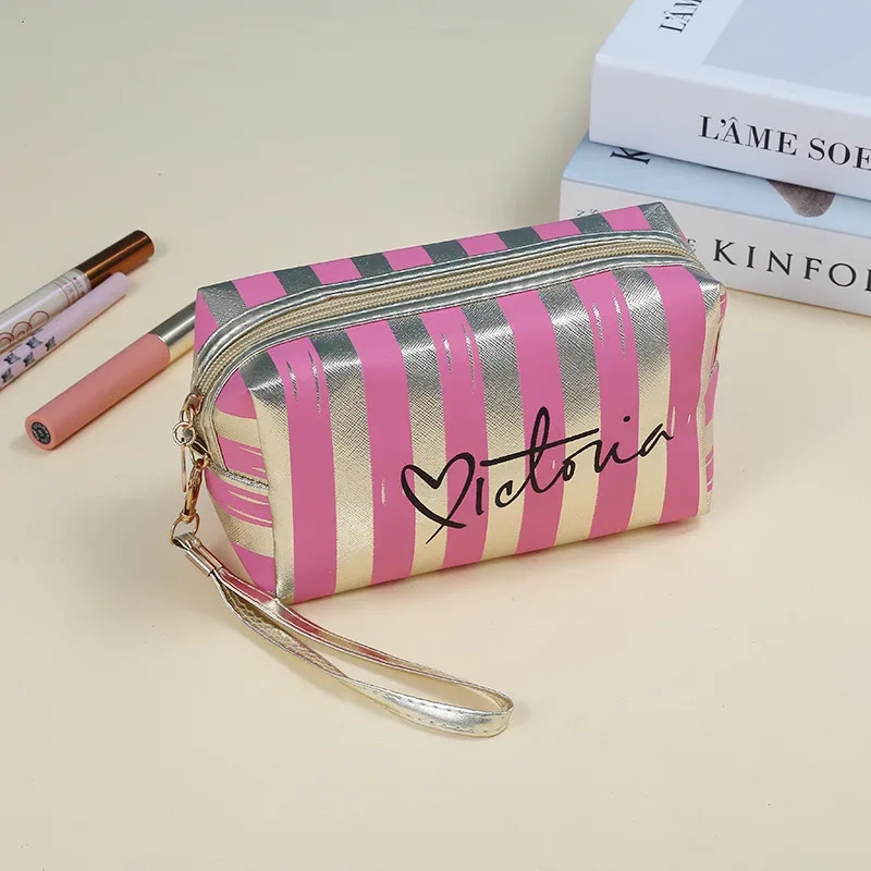 sac à cosmétiques à la mode pour femmes, sac de maquillage portable rayé, coréen doux cool, sacs de rangement imperméables personnalisés