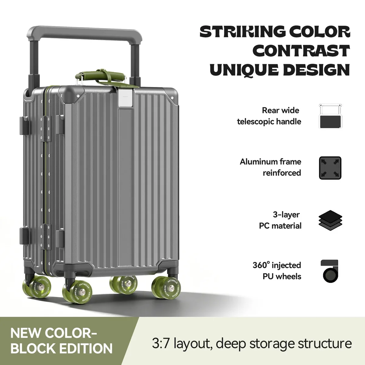 Valise trolley rigide grande capacité AIWEINY avec serrure TSA 3/7 séparables, roues silencieuses détachables et poignée télescopique large pour voyage