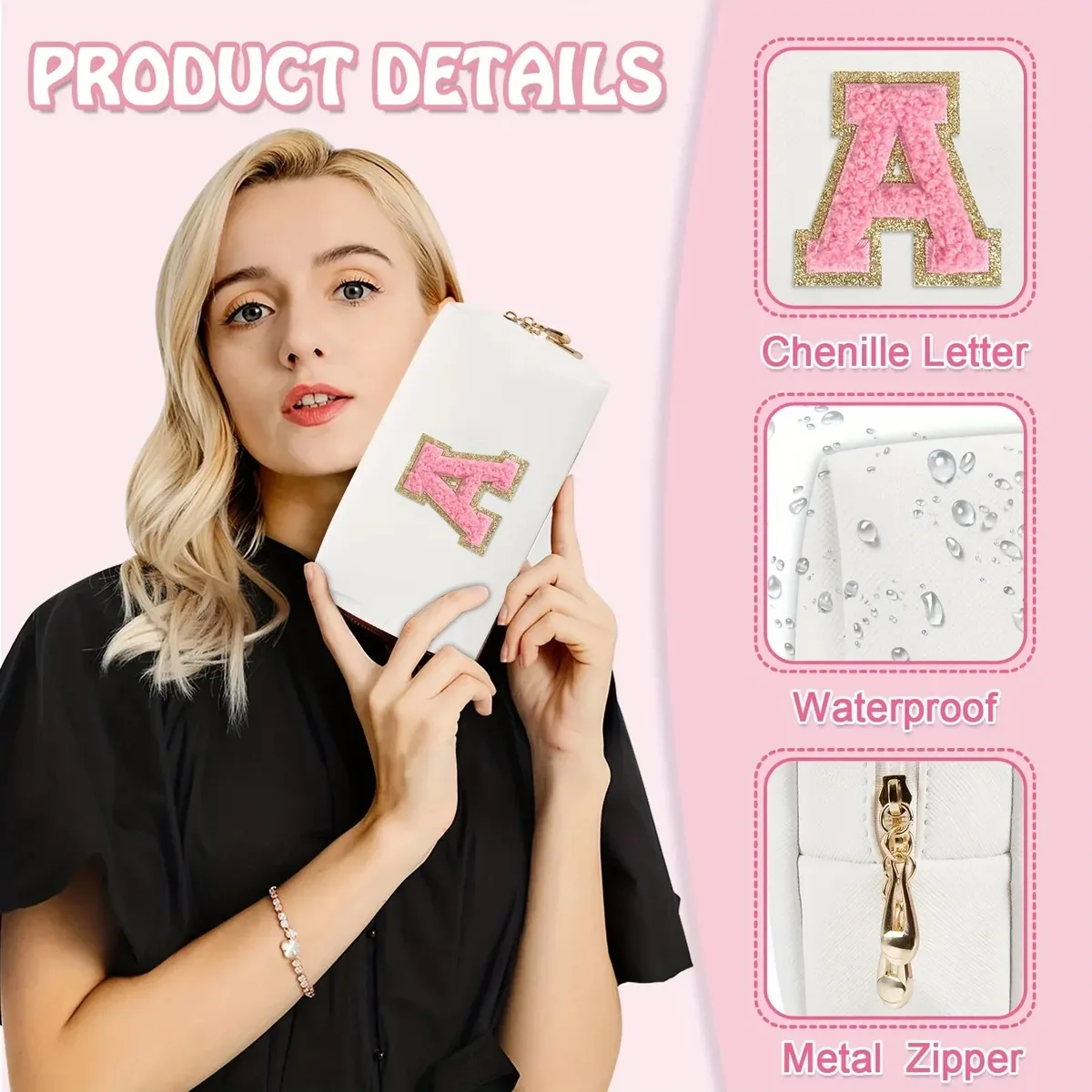 trousse de maquillage preppy pour femmes, trousse de toilette de voyage, sac à cosmétiques avec lettres en chenille, pochette étanche en cuir pu, joli organisateur à fermeture éclair-ll