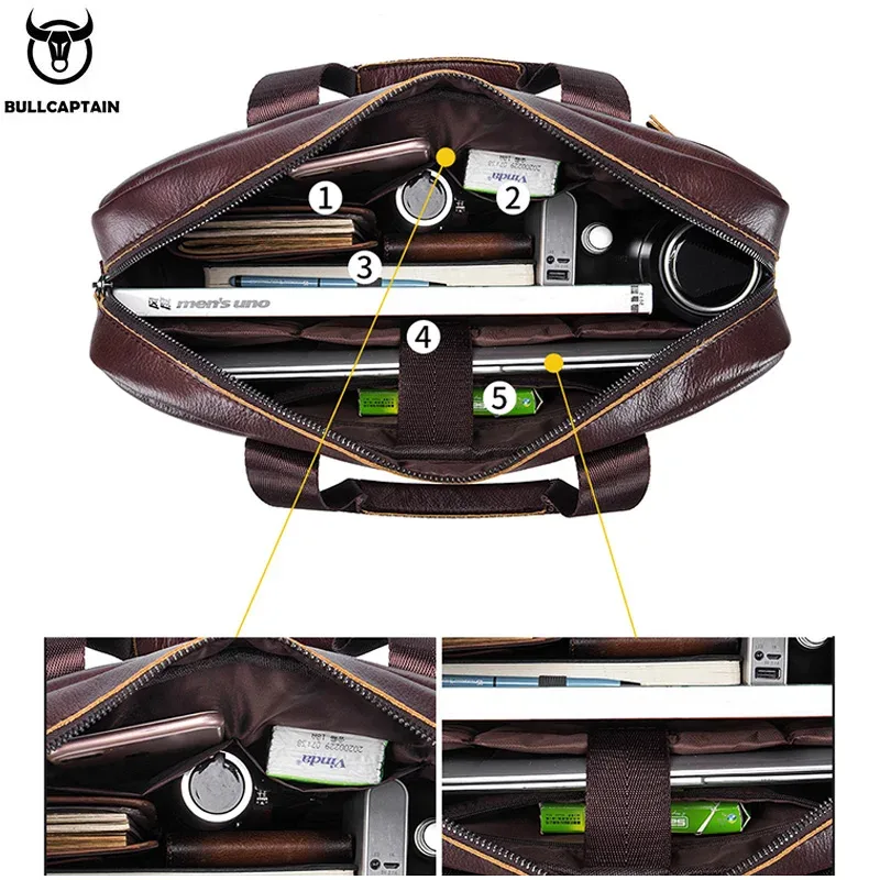 bullcaptain sac pour hommes en cuir véritable porte-documents pour ordinateur portable 14 messager sac en cuir pour hommes portefeuille d'affaires pour document a4