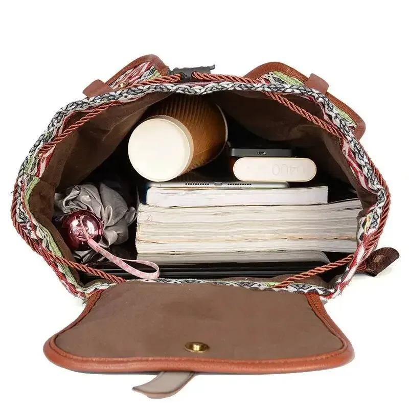 sac à dos tendance de grande capacité pour femmes, sac à dos décontracté avec cordon de serrage, motif géométrique, style national et exotique