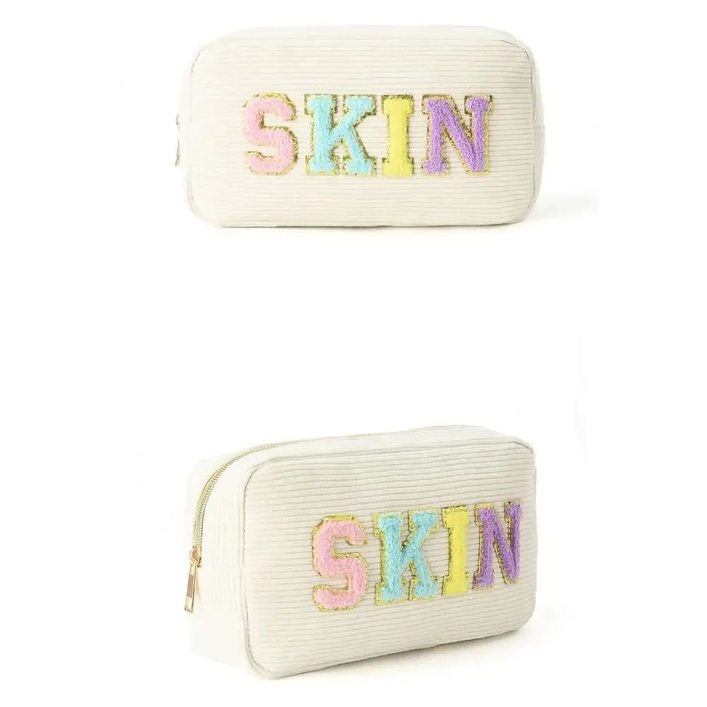 sac de rangement en velours côtelé rose beige bleu violet broderie lettre sac de voyage maquillage grande capacité organisateur de rouge à lèvres femmes filles