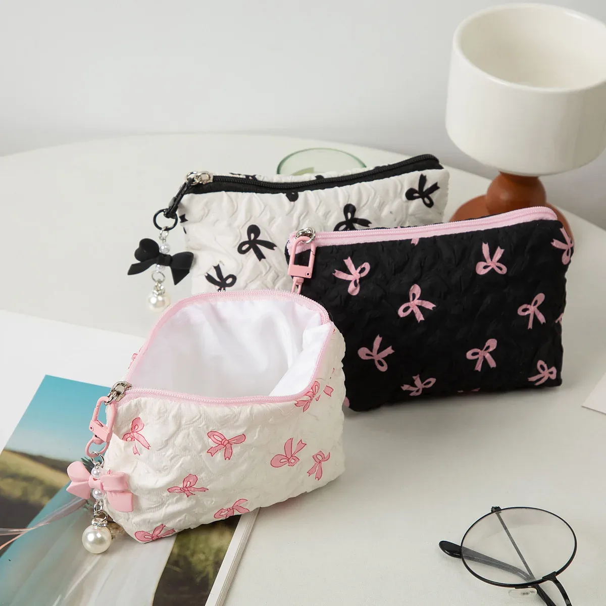 porte-monnaie mignon avec nœud, mini sac de rangement cosmétique, pochette portable à fermeture éclair pour femme, cadeau de voyage