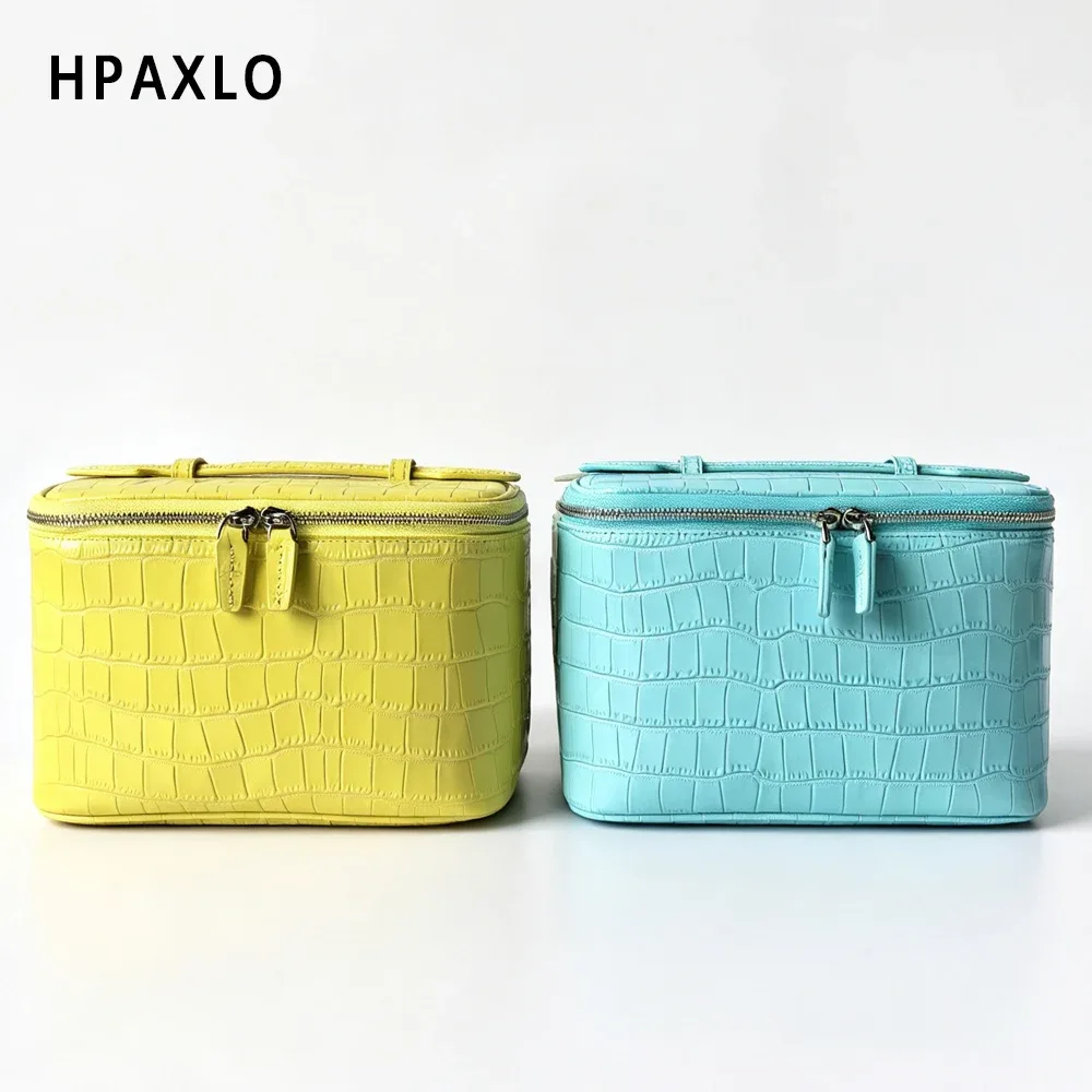 pochette de maquillage en cuir véritable texture crocodile, trousse de toilette de voyage, organiseur de rangement de grande capacité de qualité supérieure pour femmes