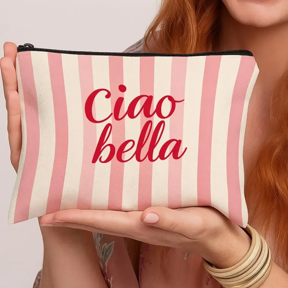 trousse de maquillage ciao bella à thème italien, double face, rayée rose et blanc, adaptée au style européen, pochette de rangement pour voyage