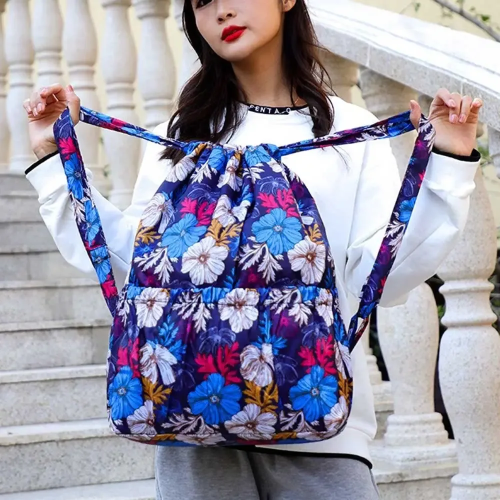 sac à dos multifonctionnel à imprimé floral avec cordon de serrage, en polyester imperméable, grande capacité, pliable, pour l'école, pour femmes