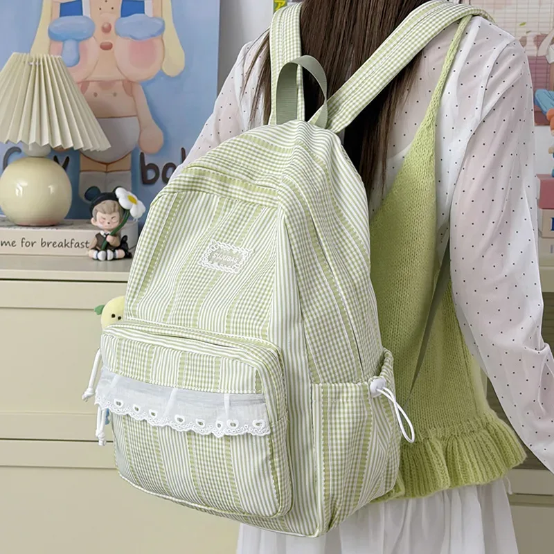 sac à dos coréen simple et esthétique en dentelle à volants, couleur unie, rayé, grande capacité, pour étudiantes, idéal pour l'école, les trajets quotidiens et les voyages