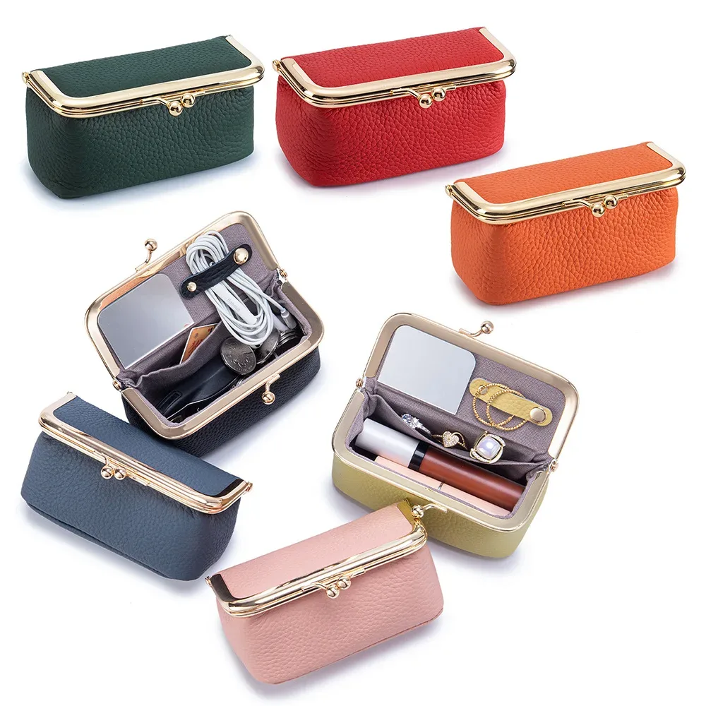 trousse de rangement portable en cuir pour femmes avec fermeture kiss-lock, miroir intégré, organiseur pour rouge à lèvres, bijoux, écouteurs, idéale pour les voyages