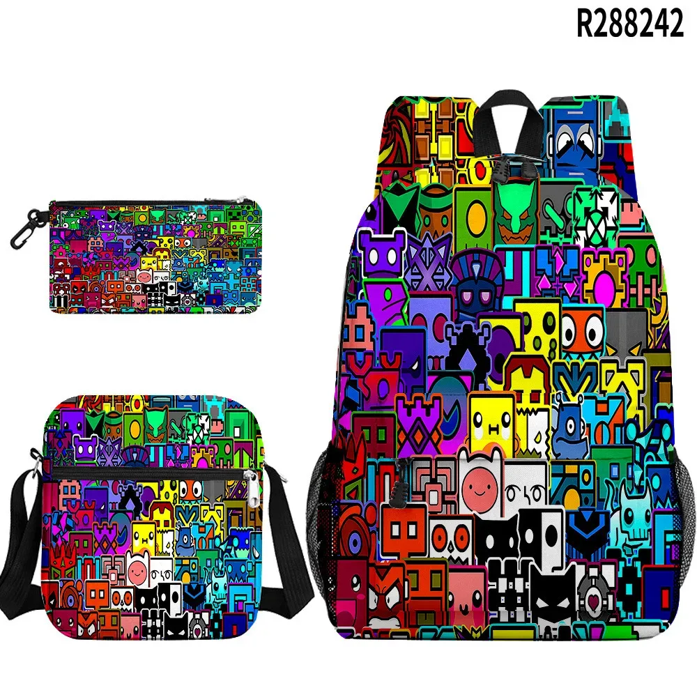 populaire cool geometry dash 3d imprimé 3 pièces/ensemble sacs d'école pour élèves sac à dos pour ordinateur portable sac à dos sac à bandoulière incliné trousse à crayons