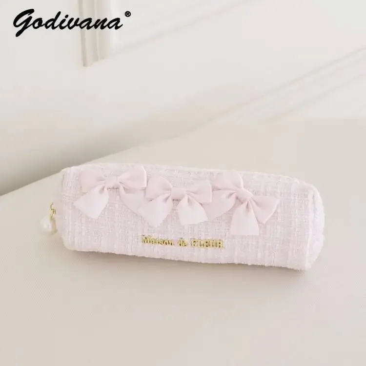 étui à crayons en tweed avec nœud papillon mignon de style japonais, mini organisateur, sac de maquillage pour filles et femmes