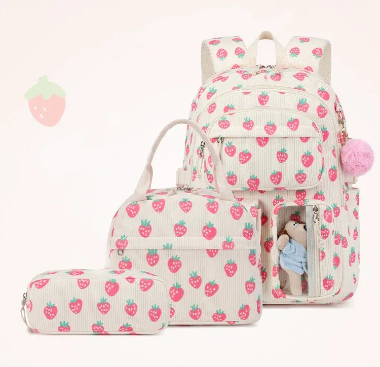 lot de 3 sacs à dos en velours côtelé motif fraise, multifonctionnels, pour l'école, les voyages, grande capacité, légers, pour étudiants