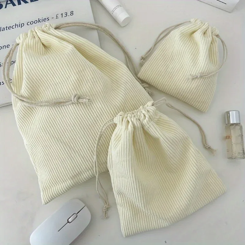 ensemble de sacs de rangement à cordon de serrage en velours côtelé – pochettes de maquillage portables légères de couleur unie avec grand, moyen