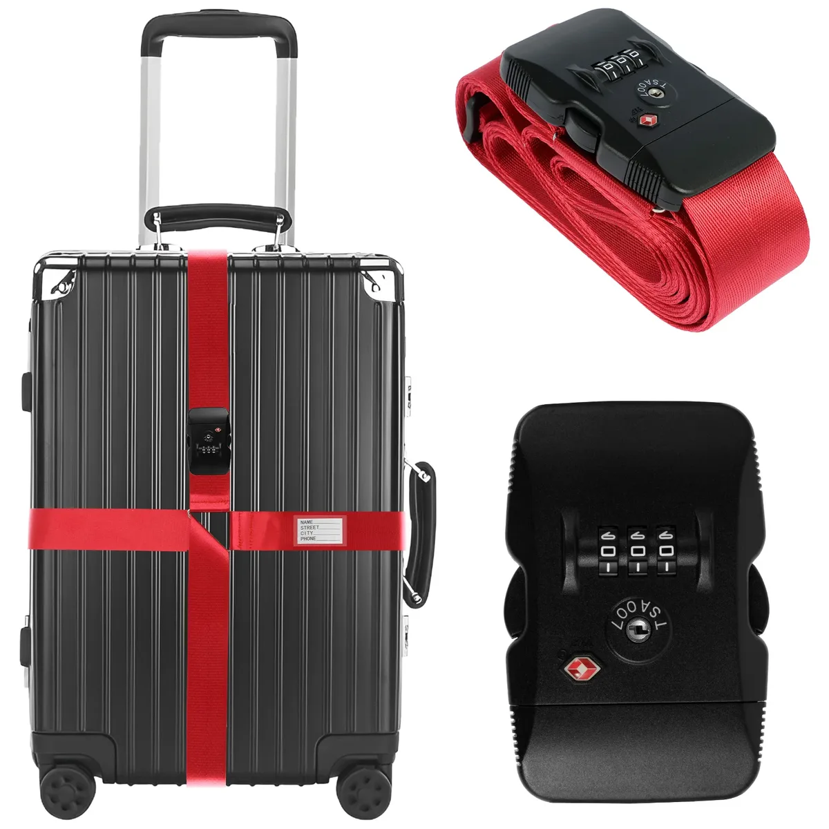 Sangle de bagage croisée avec serrure TSA, sangle de valise à longueur réglable avec étiquette d'identification transparente, ceinture de voyage durable pour bagages