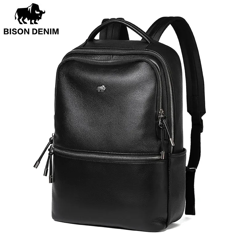 bison denim nouveau cuir véritable hommes sac à dos ordinateur portable école sac à dos sac 2025 mode étanche sac de voyage sac de livre décontracté