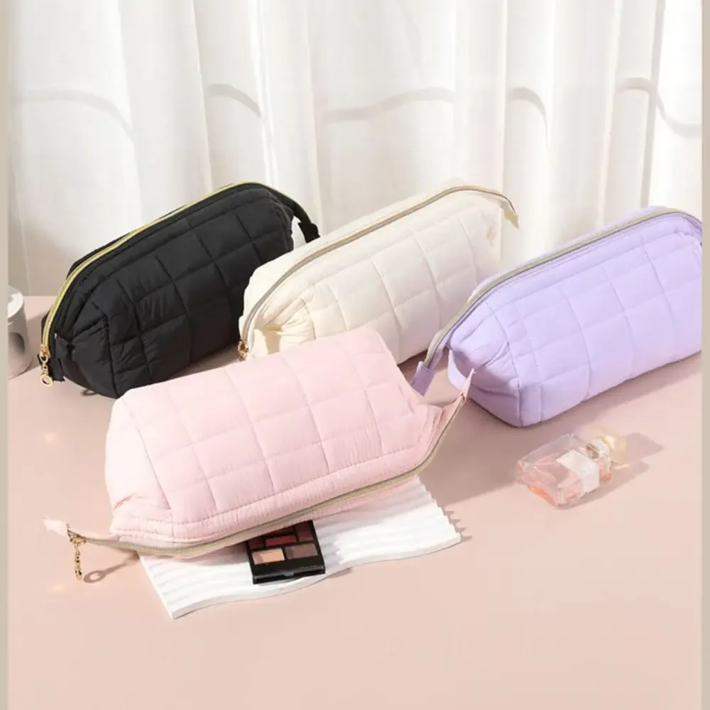 sac à cosmétiques de voyage rembourré bouffant, trousse de maquillage de grande capacité de couleur unie, trousse de maquillage à large ouverture pour femmes, trousse de toilette