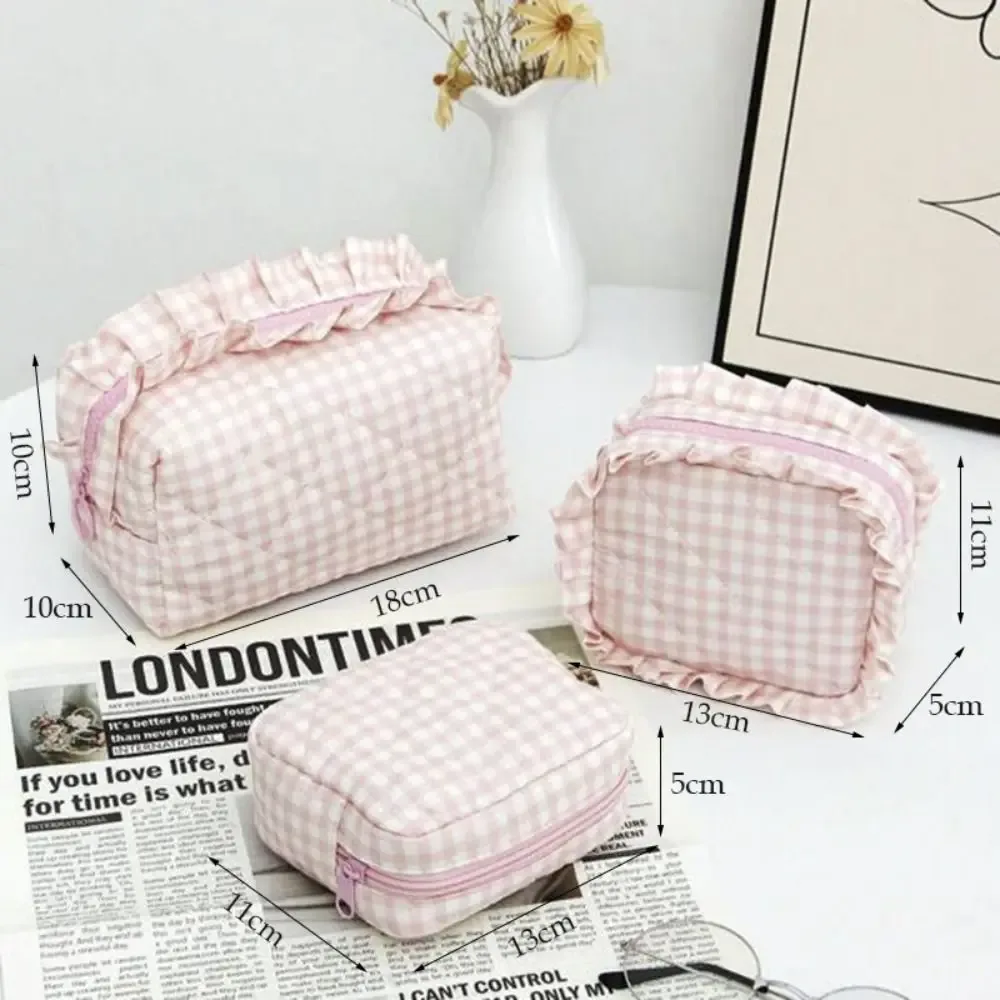 trousse de maquillage portable, design matelassé, motif à carreaux, sac de rangement pour pinceaux de maquillage, multifonctionnel avec fermeture éclair, trousse de toilette de voyage