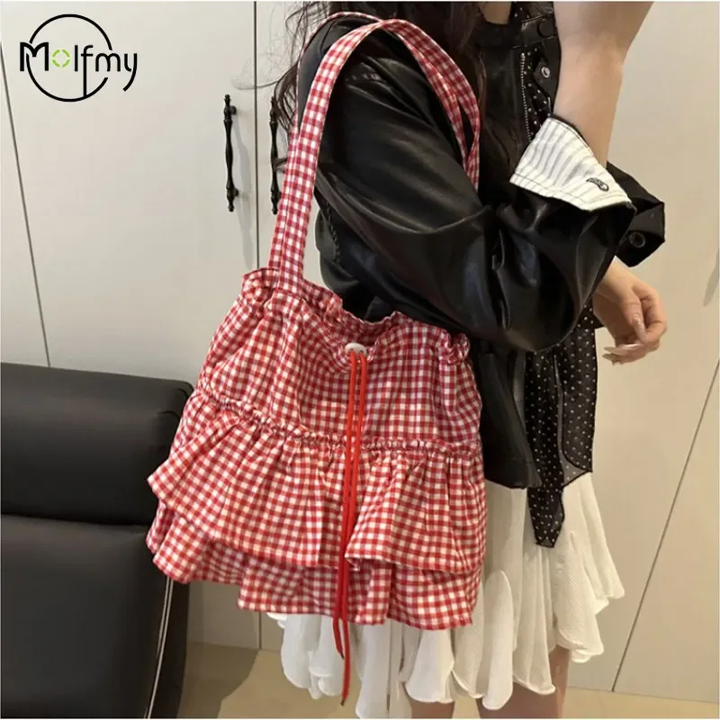 sac fourre-tout à volants pour femmes, sac à main à cordon de serrage, sacs à bandoulière en toile à la mode sacs coréens de grande capacité bolsos de mujer