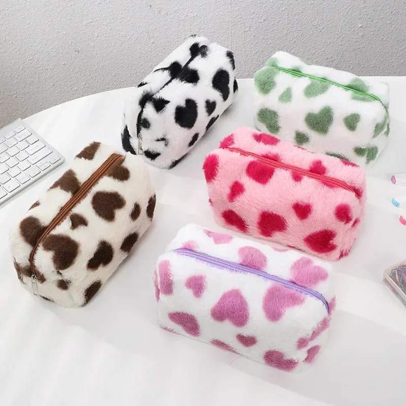 sac à cosmétiques d'amour mignon, trousse de toilette en peluche douce pour fille, rangement de voyage, pochette de rangement de maquillage, trousse à crayons pour étudiant