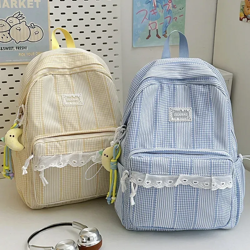 sac à dos coréen simple et esthétique en dentelle à volants, couleur unie, rayé, grande capacité, pour étudiantes, idéal pour l'école, les trajets quotidiens et les voyages