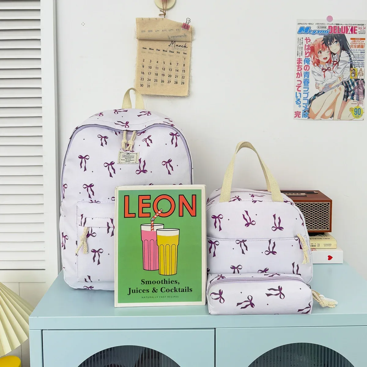 ensemble de sacs à dos trois pièces imprimé nœud papillon, doux et frais, en nylon léger, grande capacité, pour le campus et les trajets quotidiens des étudiants
