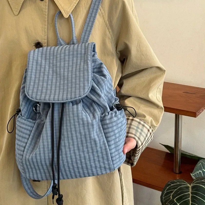 Sac à dos à rabat à cordon de serrage à carreaux, sac à dos léger et décontracté, sac à dos pliable pour filles, pour les voyages, le shopping, le rangement quotidien, sac à livres