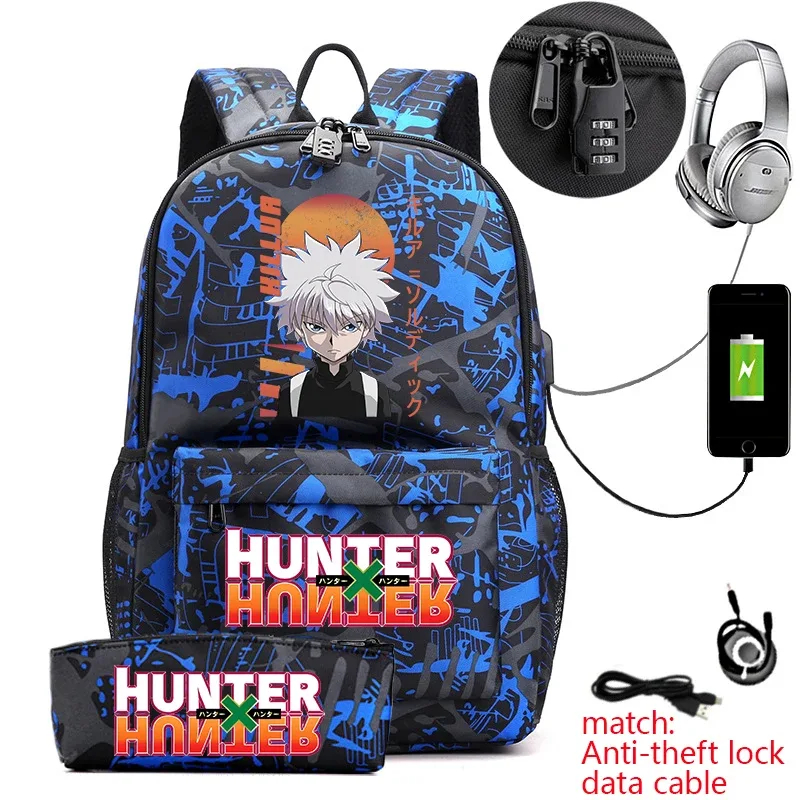 sac à dos hunter x hunter anime pour étudiants, sac à dos antivol décontracté avec trousse à crayons pour garçons et filles, sac d'école