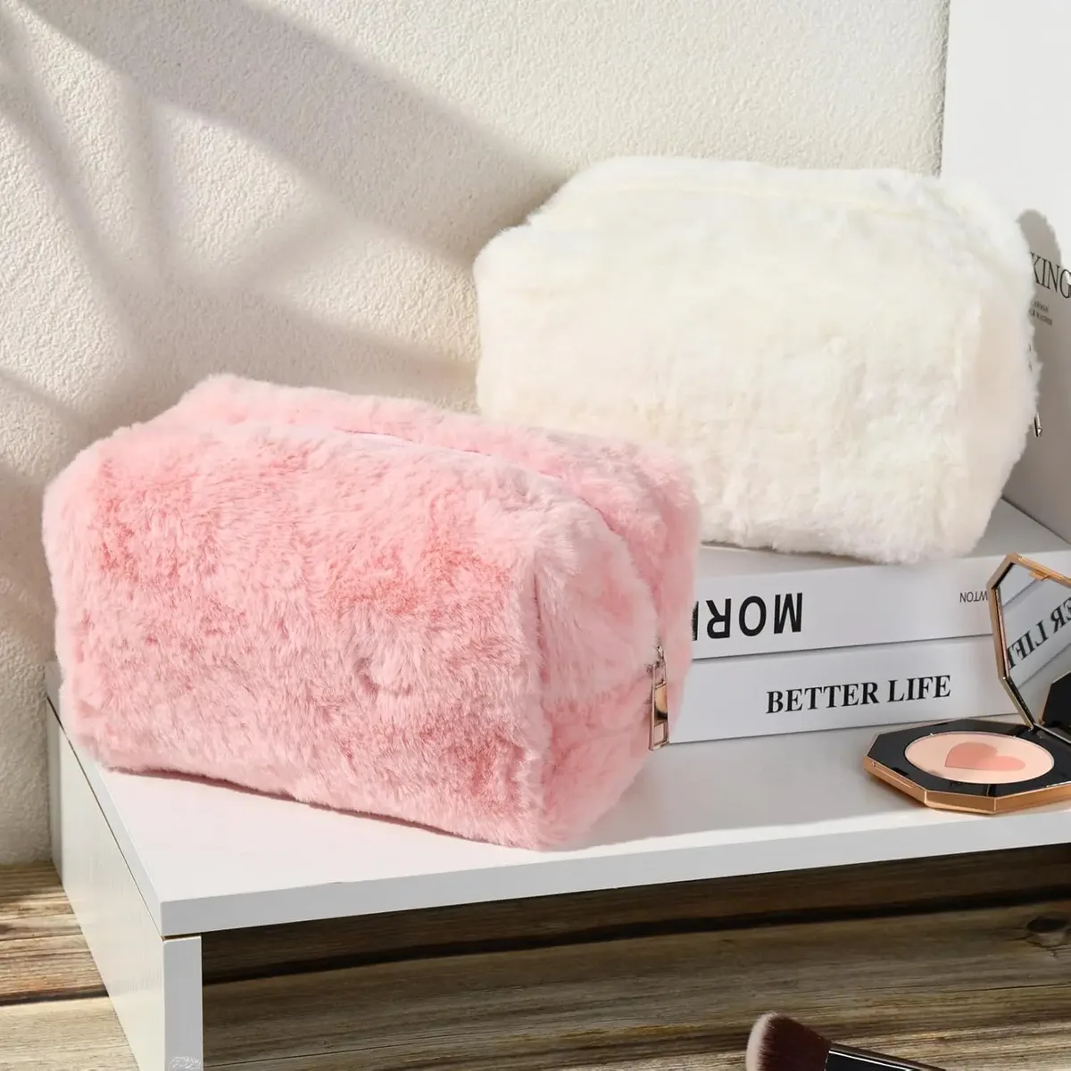 Trousse de maquillage, trousse à cosmétiques mignonne en peluche rose blanc, pochette de maquillage, trousse de toilette de voyage, organisateur, sac de rangement gonflé pour femmes