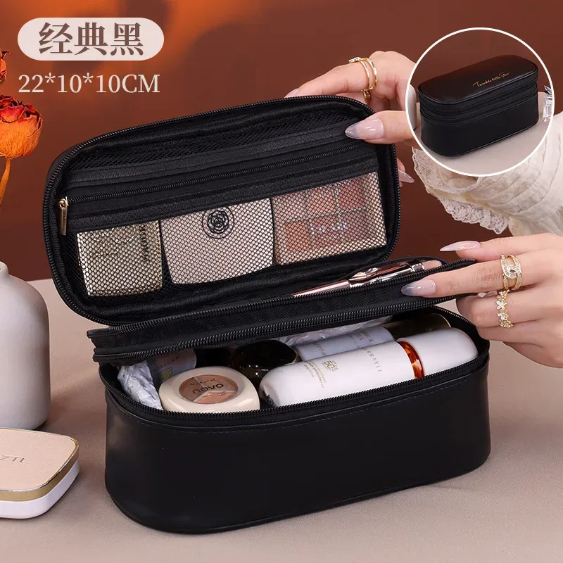 nouvelle trousse de maquillage grande capacité en cuir pu double couche, organisateur de cosmétiques de voyage, pochette de toilette pour essentiels de beauté femme