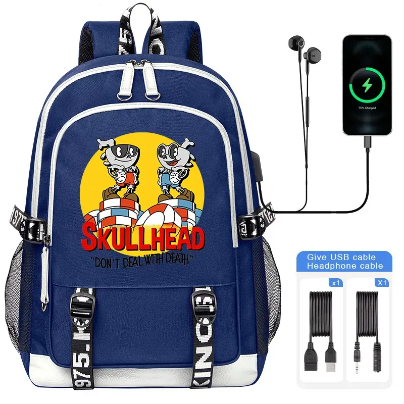 cuphead mugman sacs d'école pour adolescent usb charge sac à dos pour ordinateur portable garçons filles étudiant livre sac mochila sac de voyage