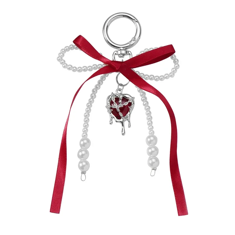 porte-clés en perles de cerise rouge doux, décoration de sac, nœud en ruban, sac à dos mignon, décoration suspendue, cadeau pour meilleur ami