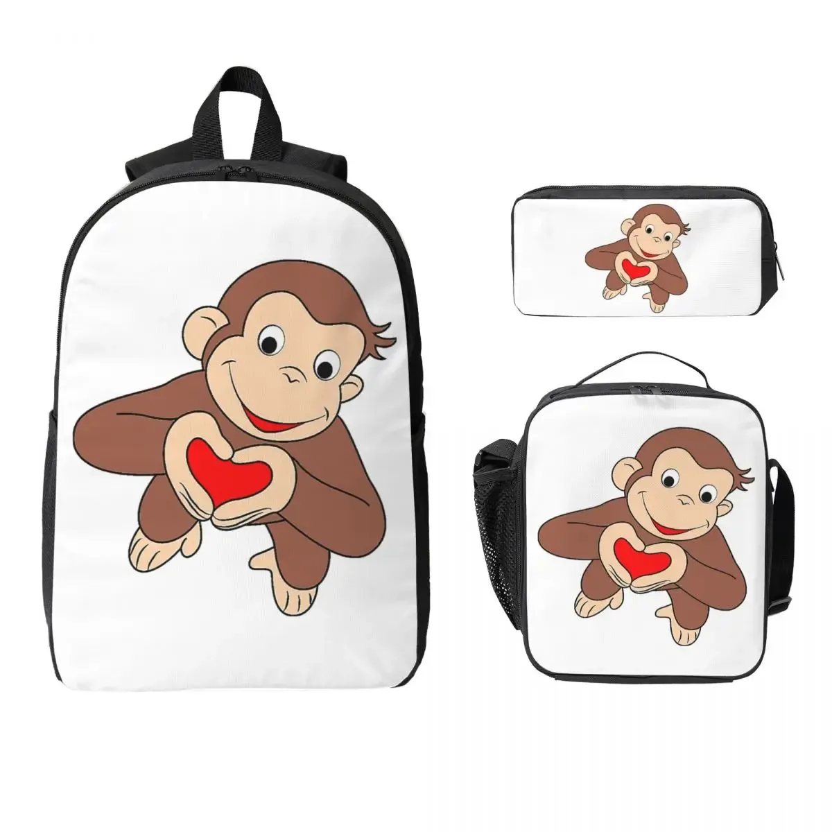 sac à dos anime curious george monkey, sac à livres pour étudiants, sac d'école, sacs à bandoulière pour ordinateur portable, sac à déjeuner isotherme, trousse à crayons, 3 pièces