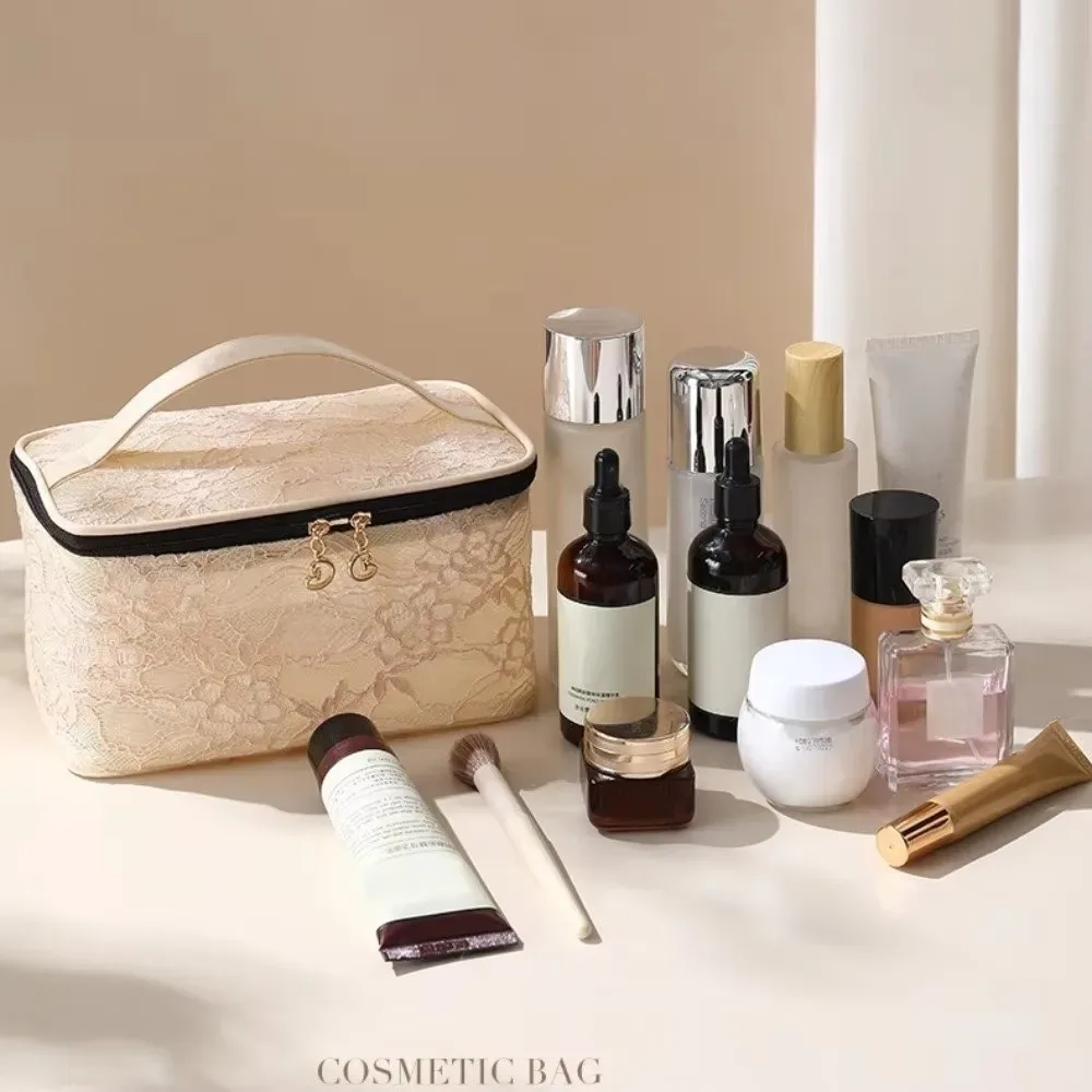 pochette de rangement en dentelle de couleur unie, sac de maquillage de grande capacité avec poignée, sac de rangement pour cosmétiques, trousse de toilette florale respirante pour femmes