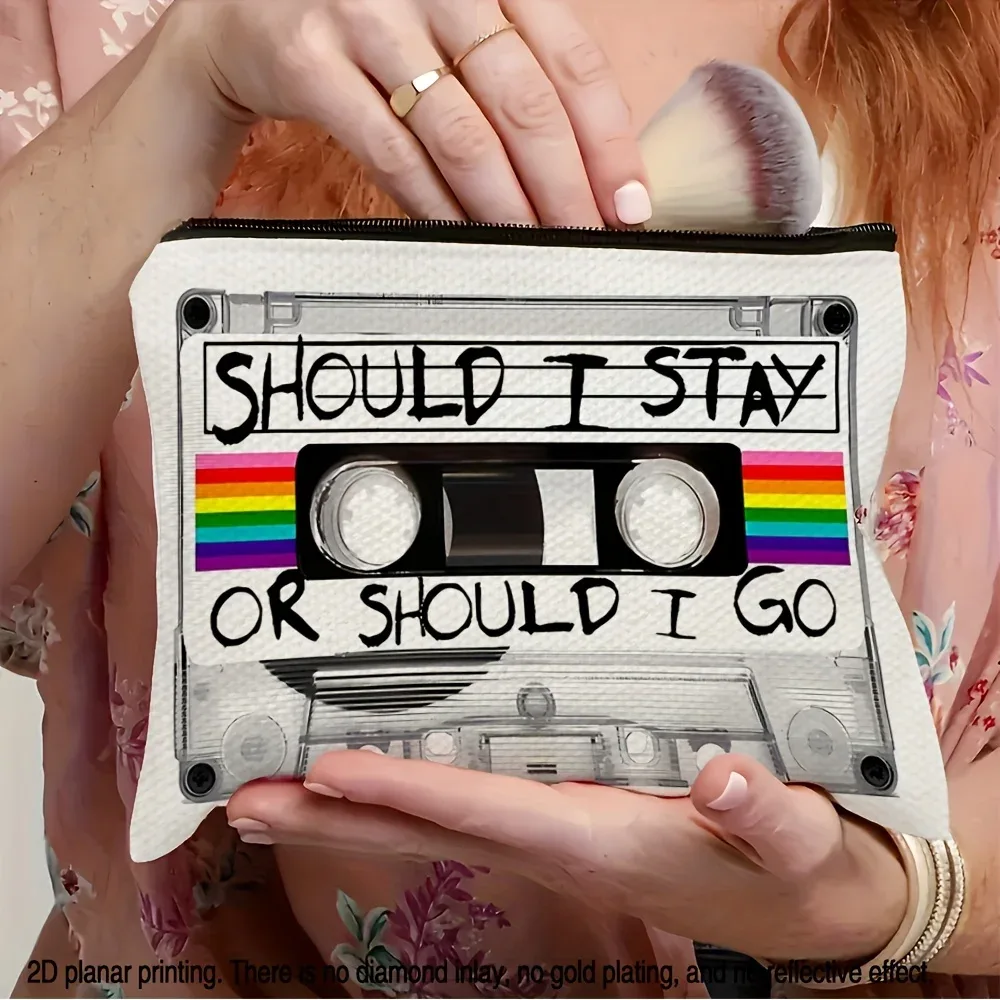 trousse de maquillage à cassette rétro double face avec impression "should i stay or must i go" - pochette cosmétique vintage à fermeture éclair