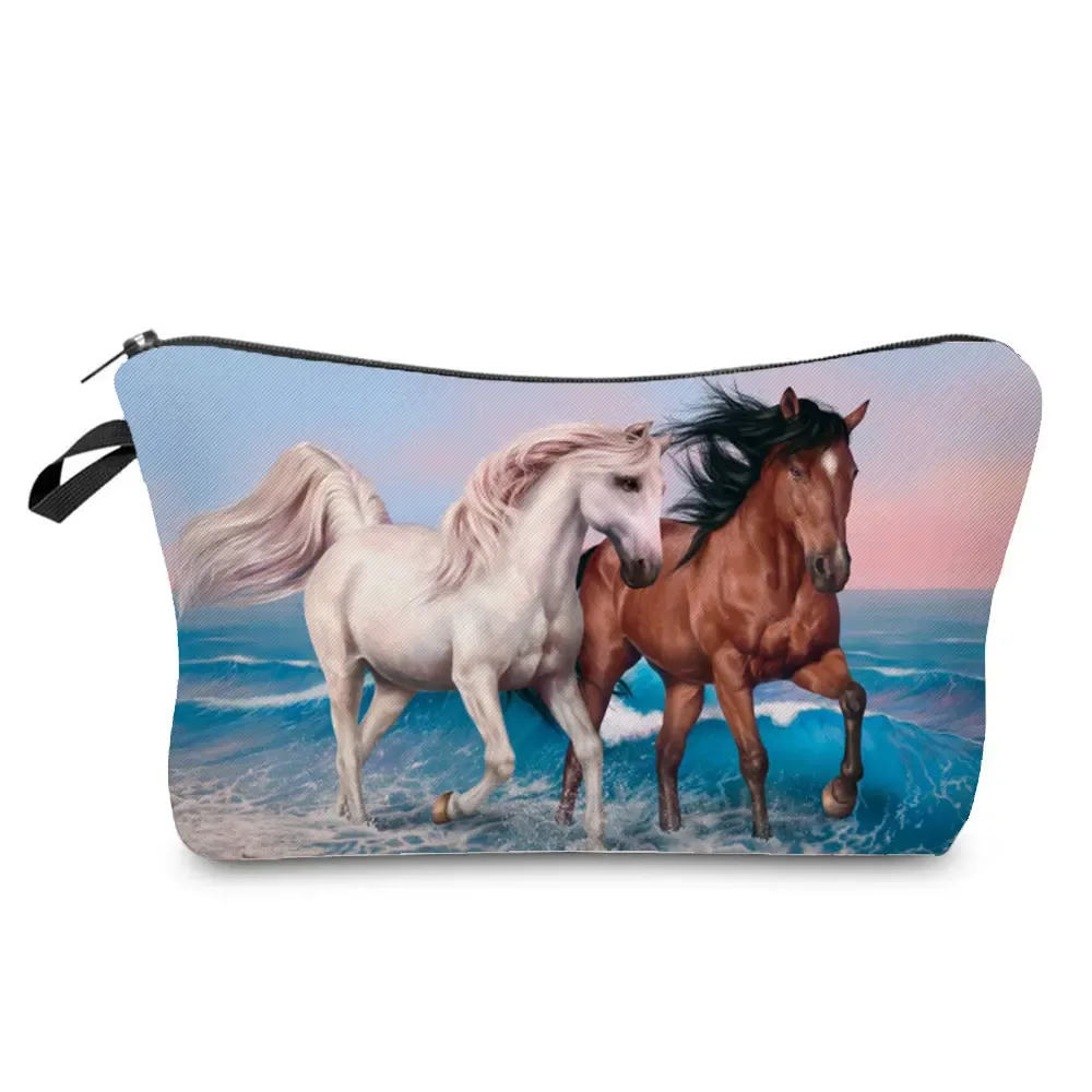 sacs de maquillage imprimés cheval pour femmes, sac à cosmétiques décontracté pour filles, mini trousse de toilette écologique réutilisable de voyage, trousse à crayons pour étudiants