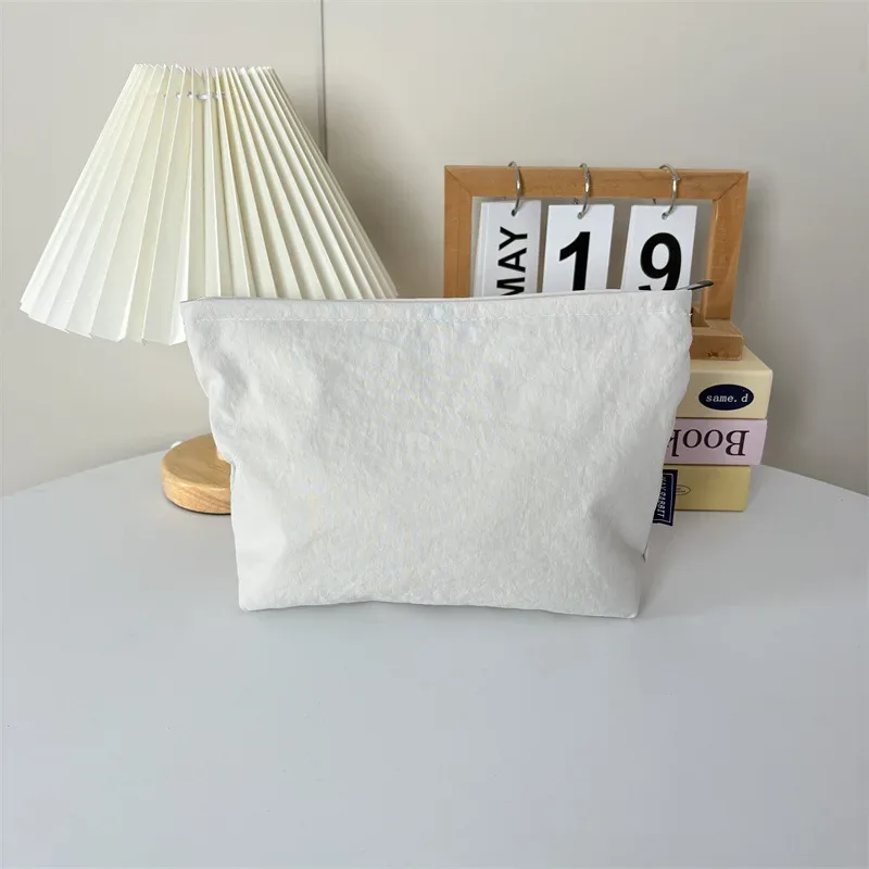 sac cosmétique en nylon avec logo imprimé personnalisé, couleur unie simple, pochette pour femme, grande capacité, fermeture éclair, sacs de rangement pour articles de toilette