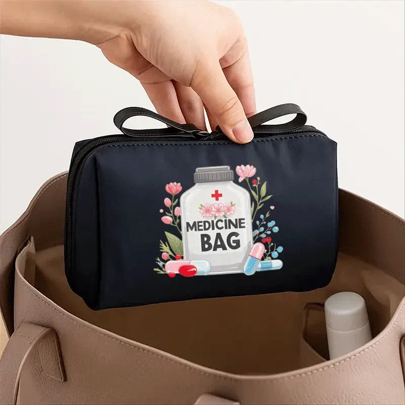 sac vintage et organisateur de voyage pour femme – trousse de maquillage à thème avec motif d'étiquette de médicaments, motif croisé noir et blanc – compac